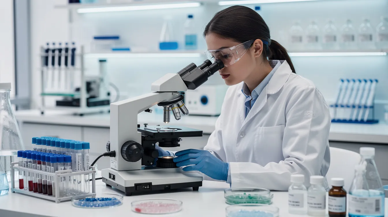 A laboratory worker is focused on examining a small hair sample under a microscope, part of the hair tissue mineral analysis (HTMA) process to assess mineral imbalances and toxic metals in the body. This non-invasive test helps identify key minerals and their patterns, which can influence energy production, thyroid function, and overall health.
