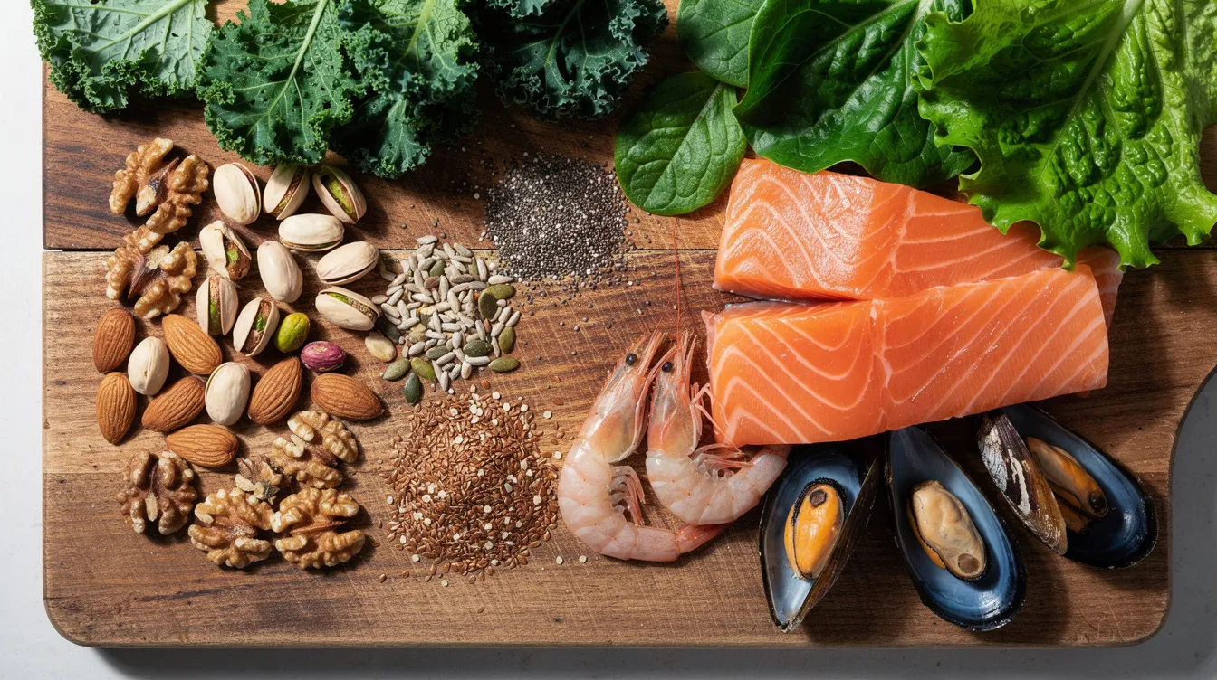 The image displays a vibrant assortment of nuts, seeds, seafood, and dark leafy green vegetables