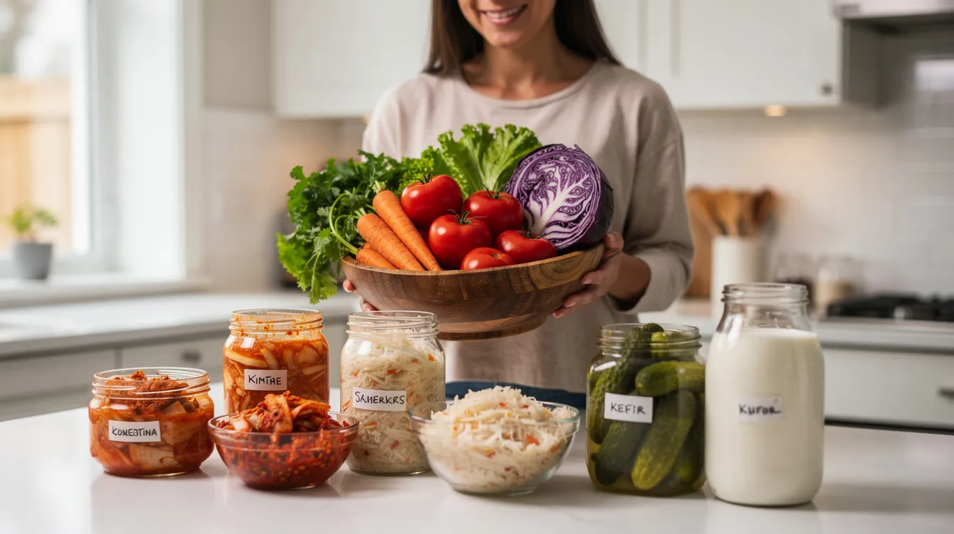 Person holding a basket of fresh vegetables and jars of prepared food on a kitchen counter