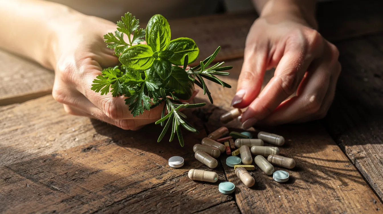 Hands arranging cannabis buds and capsules on a wooden table beside fresh green herb leaves.