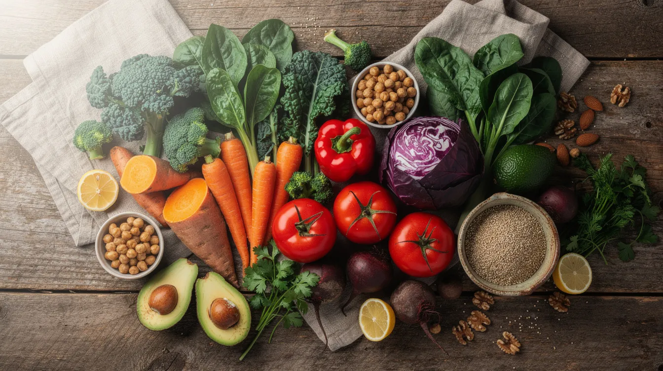 The image displays a vibrant assortment of mineral-rich vegetables and whole foods arranged on a rustic wooden table, showcasing the importance of a healthy diet in supporting human health and potentially aiding in stem cell treatments and regenerative medicine. The colorful produce emphasizes the variety of nutrients that can contribute to the body's overall well-being.