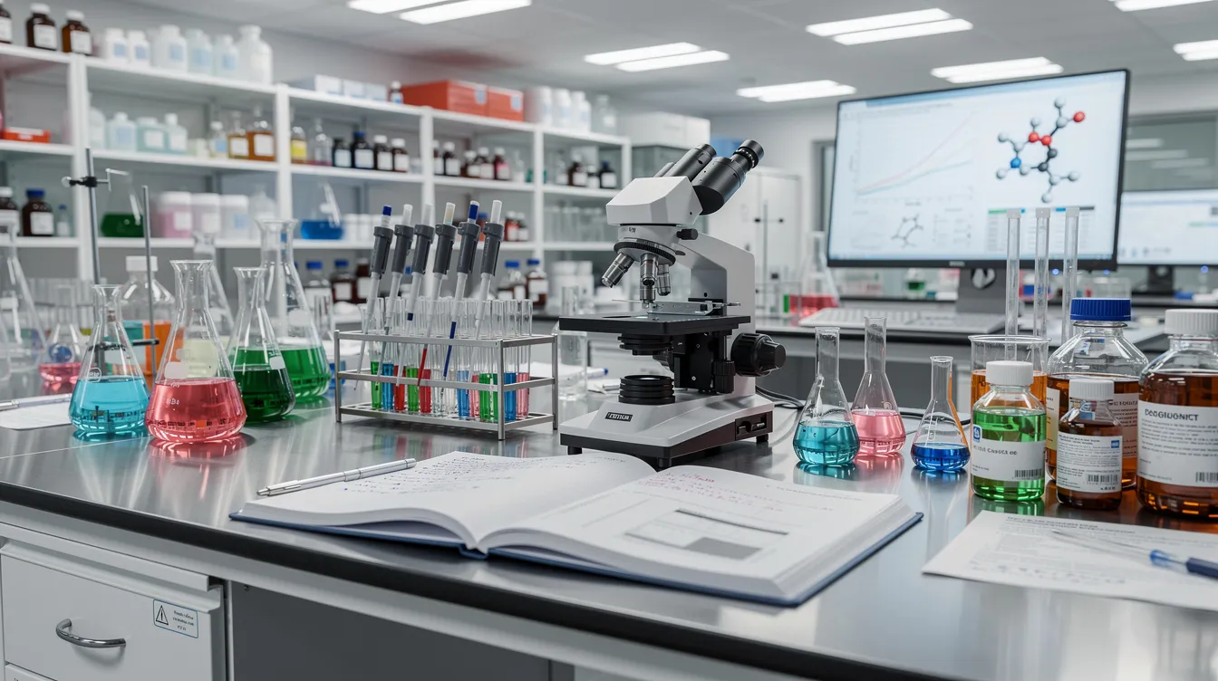 Modern laboratory bench with microscope, open notebook, and colorful chemical flasks and bottles