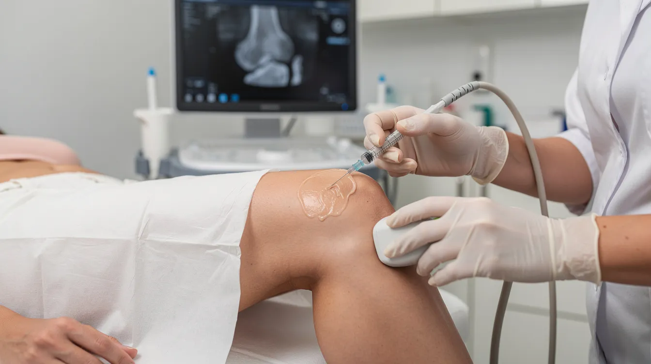 Medical professional performing an ultrasound on a patient’s knee in a clinic room