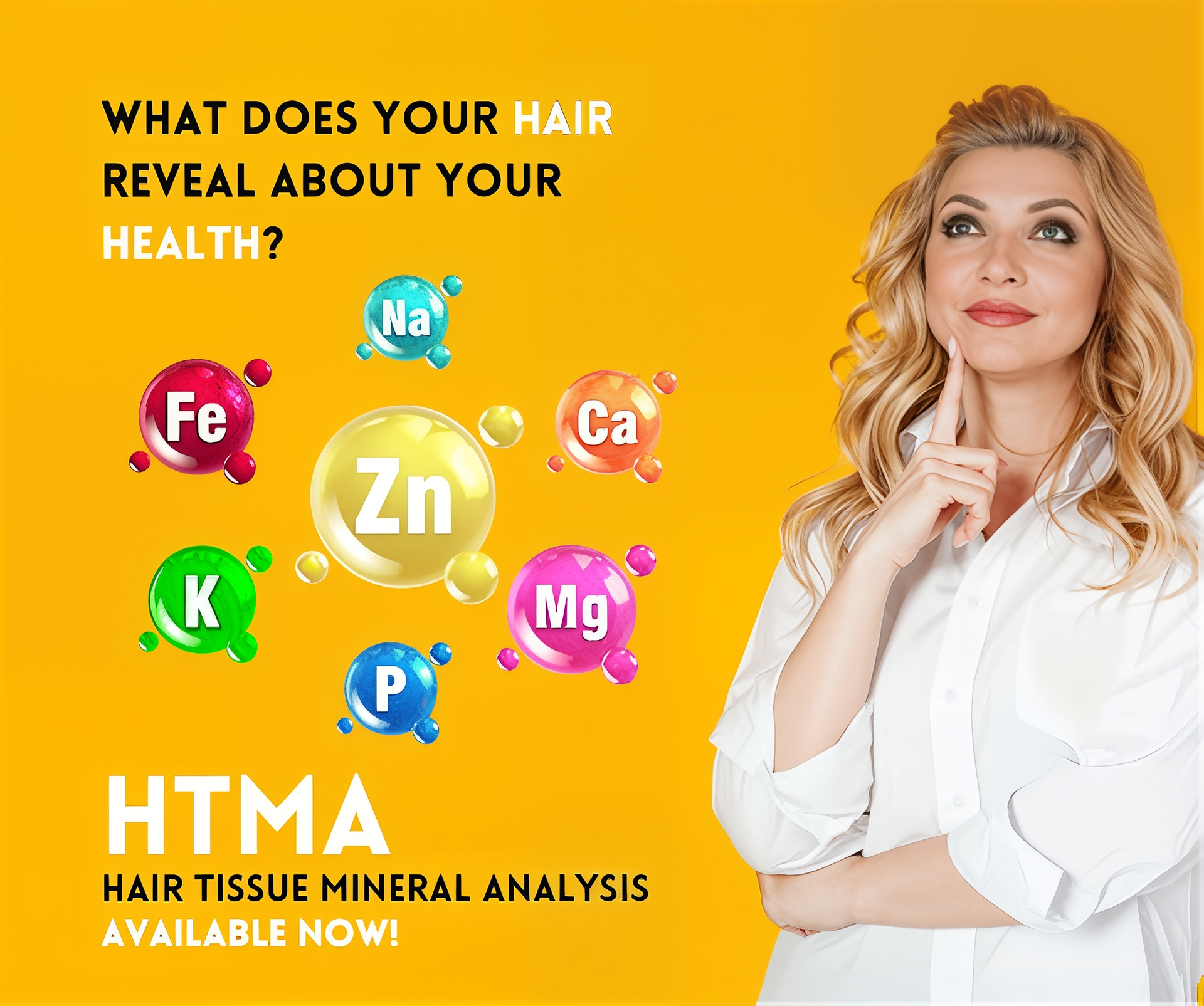 Woman pondering near colorful mineral symbols, advertising Hair Tissue Mineral Analysis.