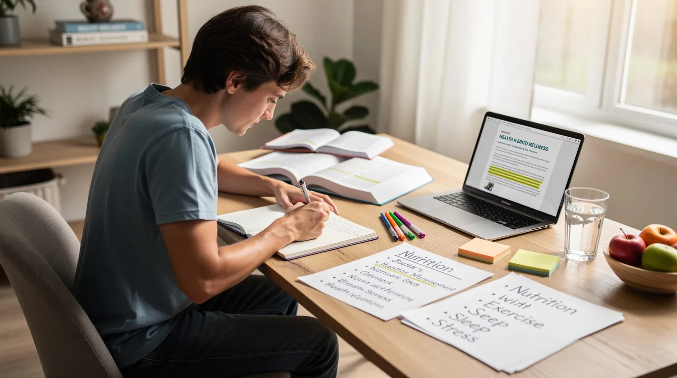 A person is studying at a desk surrounded by open textbooks and a laptop, taking notes on topics related to health and wellness, including aspects of naturopathic medicine and integrative health approaches. The scene reflects a focus on natural therapies and the holistic approach of naturopathic practitioners in promoting well-being.