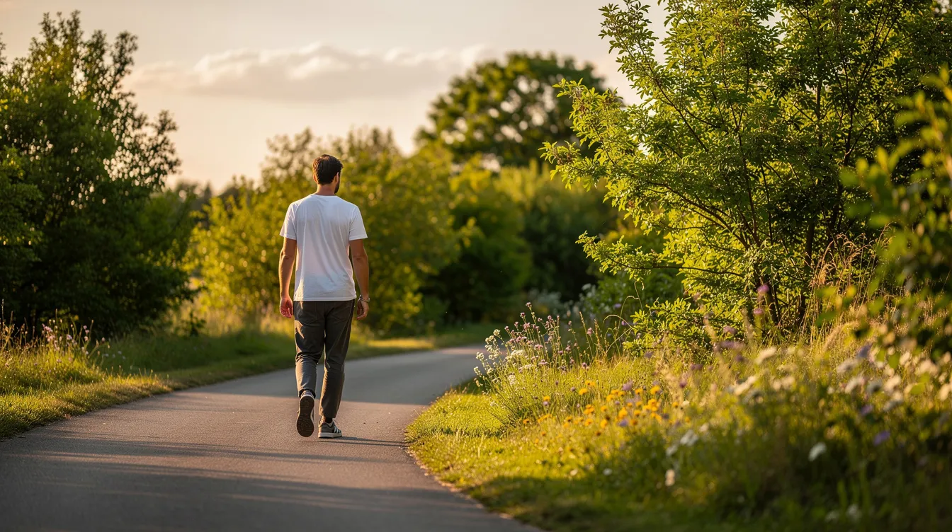 A person is walking peacefully along a serene path, surrounded by nature, which promotes overall health and well-being. This tranquil environment can aid digestion and support a healthy gut microbiome, contributing to improved gut health and balance.