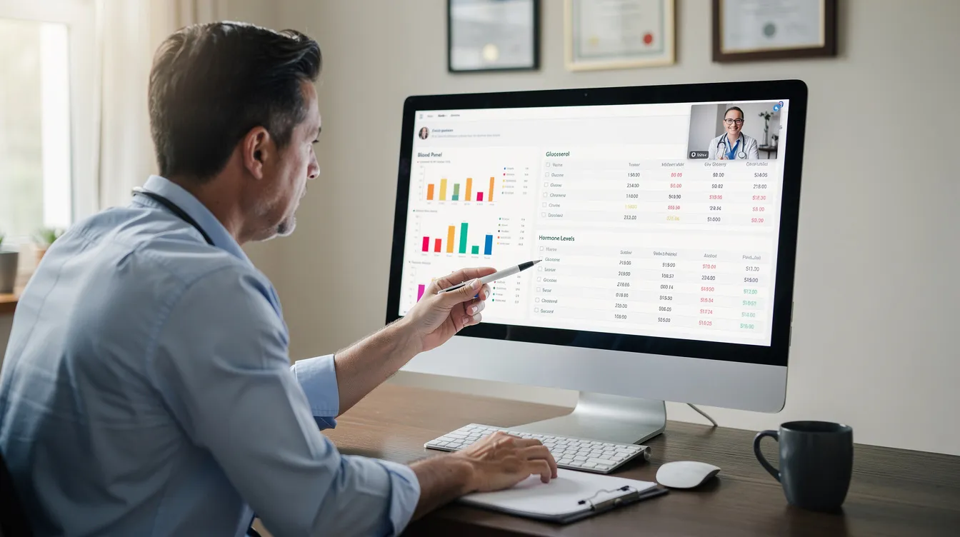 A healthcare practitioner is engaged in a video consultation, analyzing lab results displayed on a screen. The results likely pertain to gut health, providing insights into the person's gut microbiome and potential digestive issues.