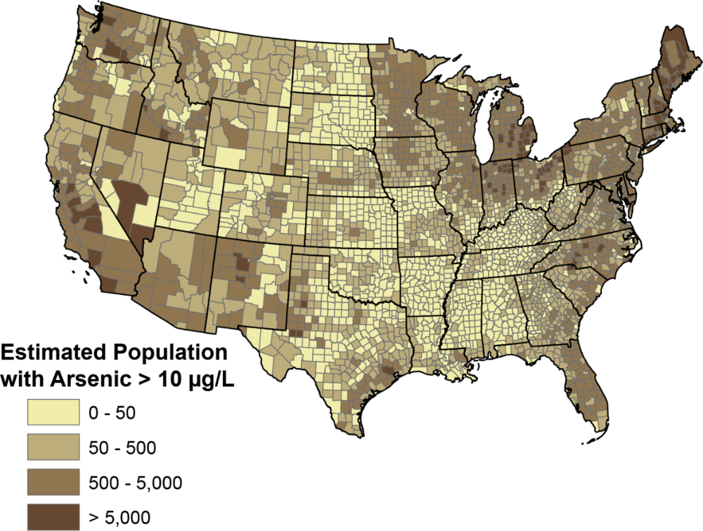 Map of U.S. counties showing estimated population with arsenic in water exceeding 10 µg/L, ranging from light to dark brown.