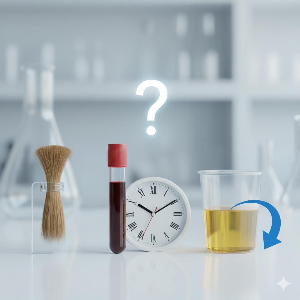 Laboratory scene with brush, blood vial, clock, and urine sample being poured; white and yellow colors.