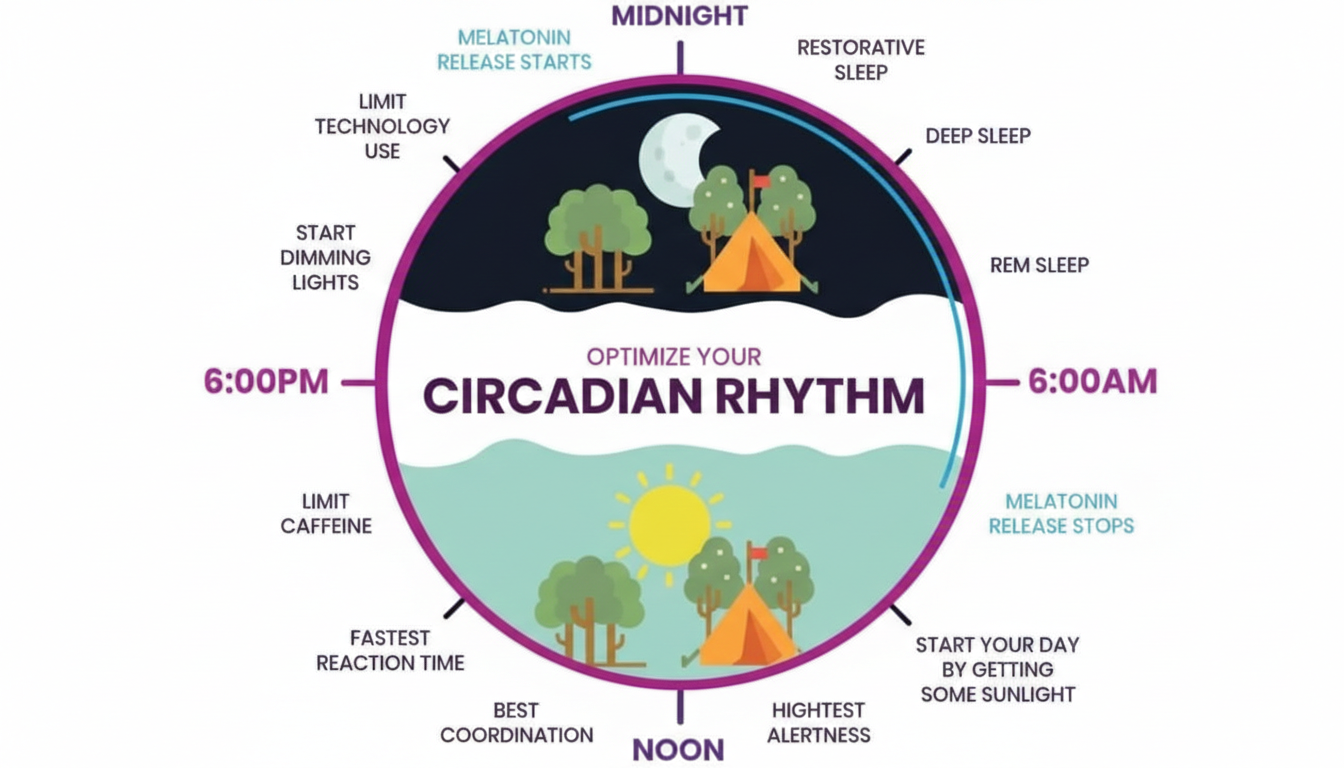 Diagram of a circadian rhythm with a day/night cycle, showing actions to optimize sleep and wakefulness.