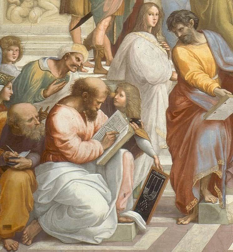 Philosophers in classical attire, writing and discussing, in a marble-floored hall.