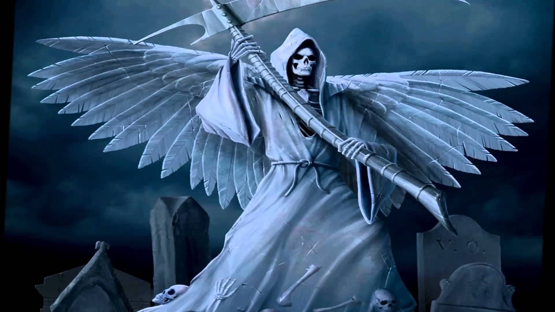 Grim Reaper with skeletal face, white robe, and large feathered wings holding a scythe in a graveyard.