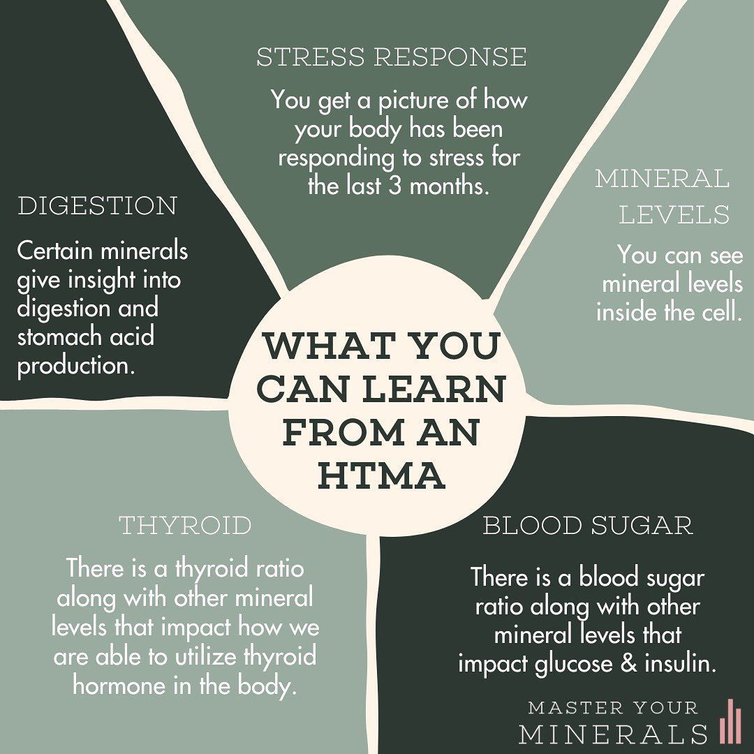 Infographic on HTMA (Hair Tissue Mineral Analysis) with sections on digestion, stress, minerals, thyroid, and blood sugar.