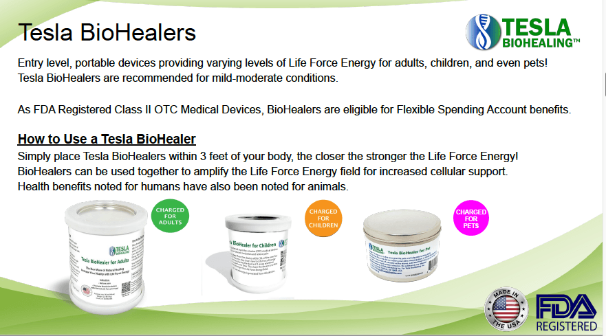 Advertisement for Tesla BioHealers, with text and product images.