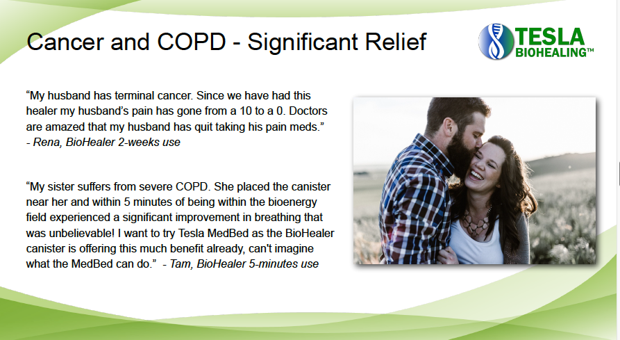 Slide with Tesla Biohealing logo and quotes about relief from cancer and COPD, photo of a smiling couple.