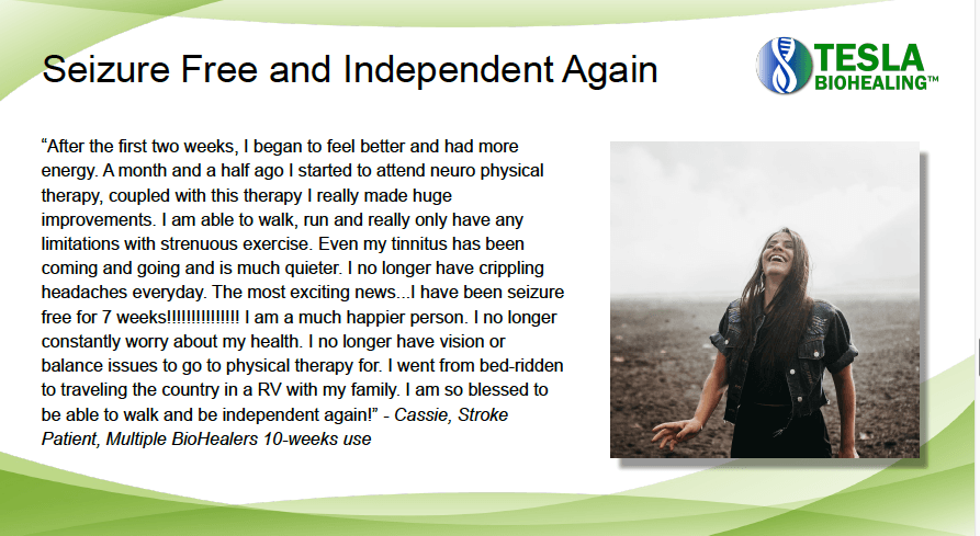 Text ad: Seizure-free testimonial, woman outdoors, Tesla BioHealing logo.