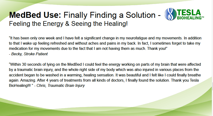 Testimonial for MedBed, featuring Tesla Biohealing logo, and patient experiences describing positive effects.