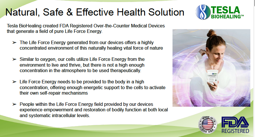 Tesla Biohealing presentation: woman with device, text about Life Force Energy and FDA registration.