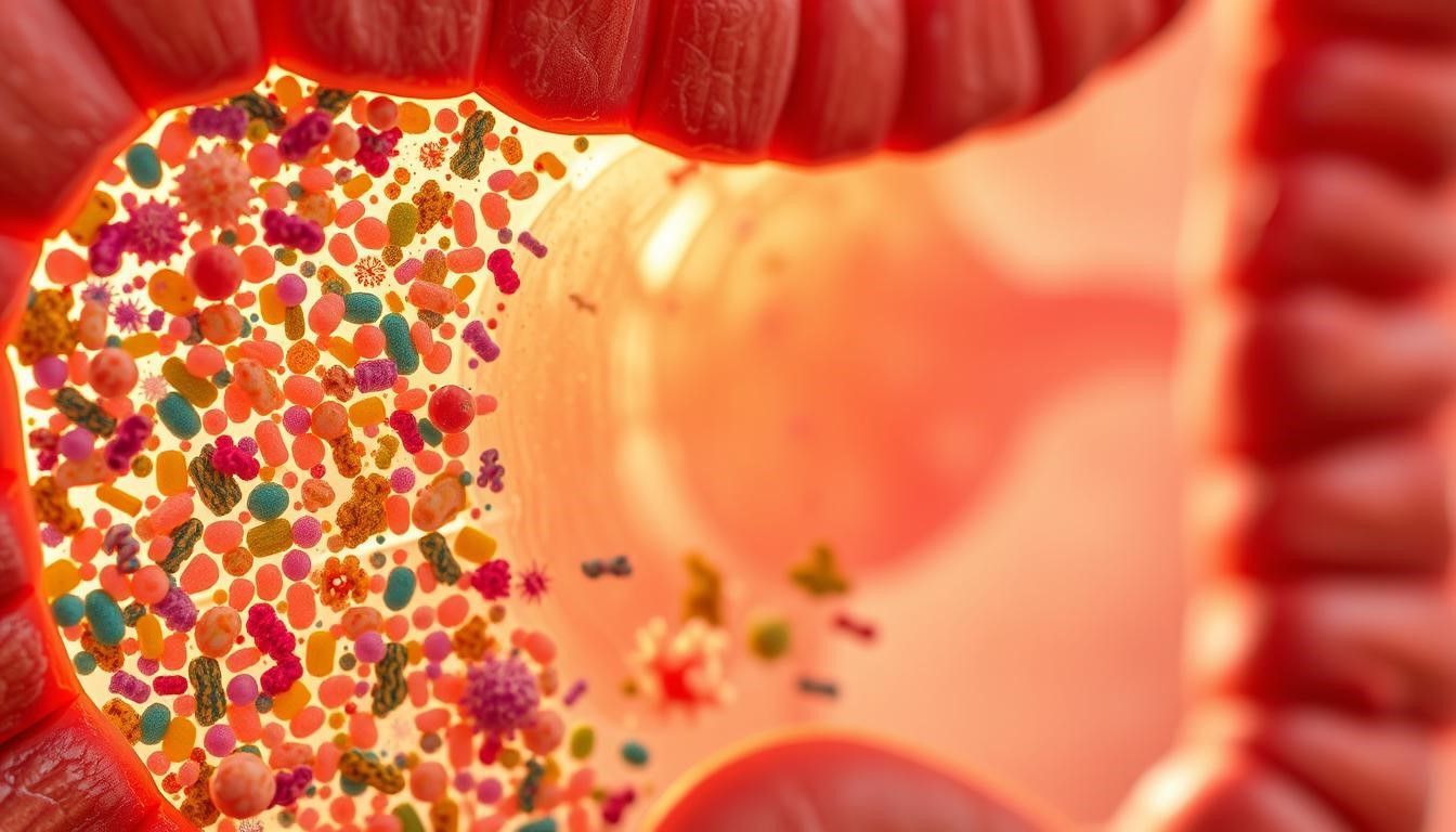 A colorful collection of microscopic organisms floating inside a human intestinal tract with textured, reddish tissue walls.