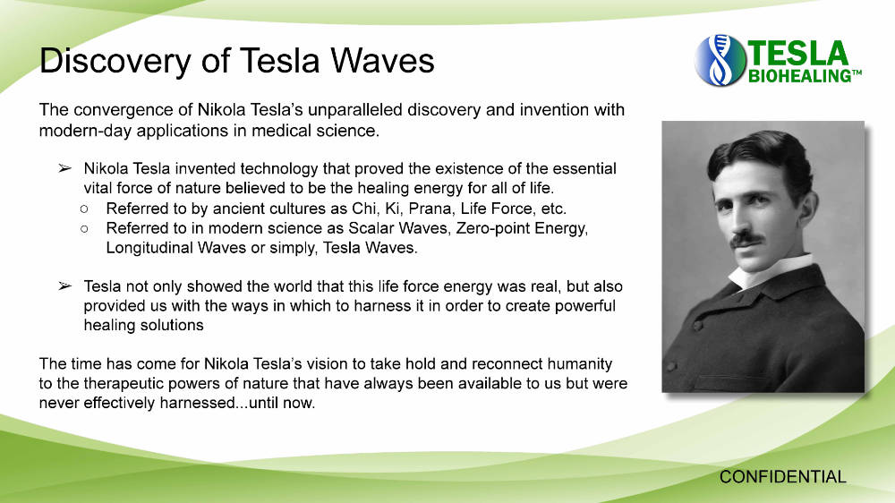 Presentation slide about Tesla waves with a portrait of Nikola Tesla.