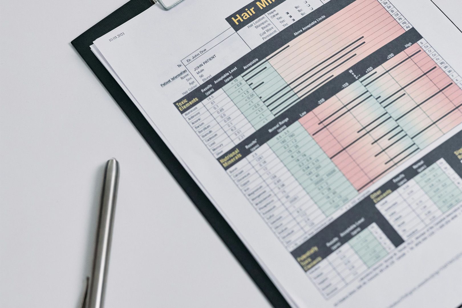 Clipboard with data charts and a pen on a white surface.
