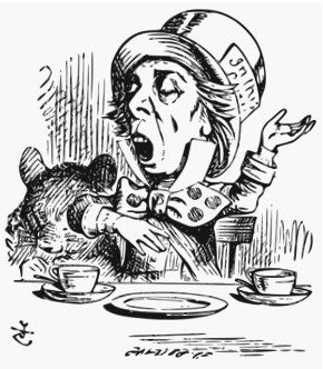The Mad Hatter from Alice in Wonderland at a tea party, gesturing wildly.