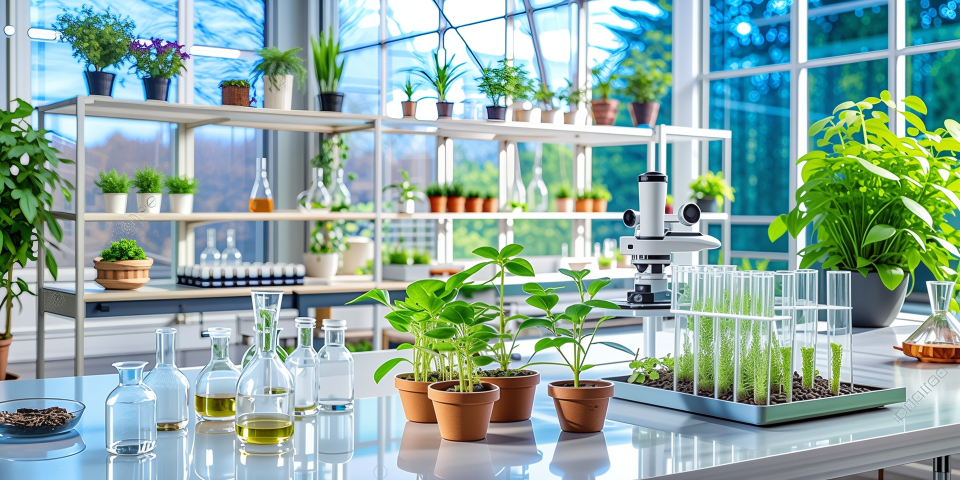 A brightly lit greenhouse laboratory filled with potted plants, glass beakers, test tubes, and a microscope on a table.
