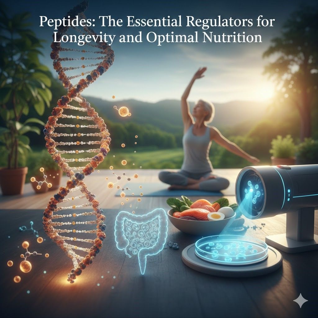 DNA helix, woman meditating, food, digestive system icon, device with light beam, mountains. Text: 