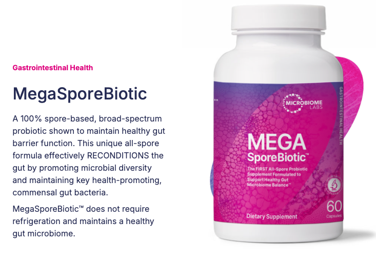White bottle of MegaSporeBiotic capsules with pink and purple label, promoting gut health.