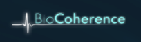 BioCoherence logo: White heartbeat graphic next to teal-colored text on dark blue background.