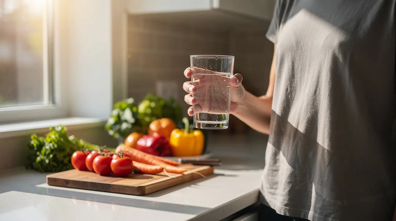 A person is holding a glass of water, illuminated by warm morning sunlight streaming through a kitchen window, with fresh vegetables visible in the background, highlighting the importance of a diet rich in essential minerals for overall health and well-being. This scene reflects the benefits of trace minerals, which play a pivotal role in various physiological functions, including immune system support and bone health.