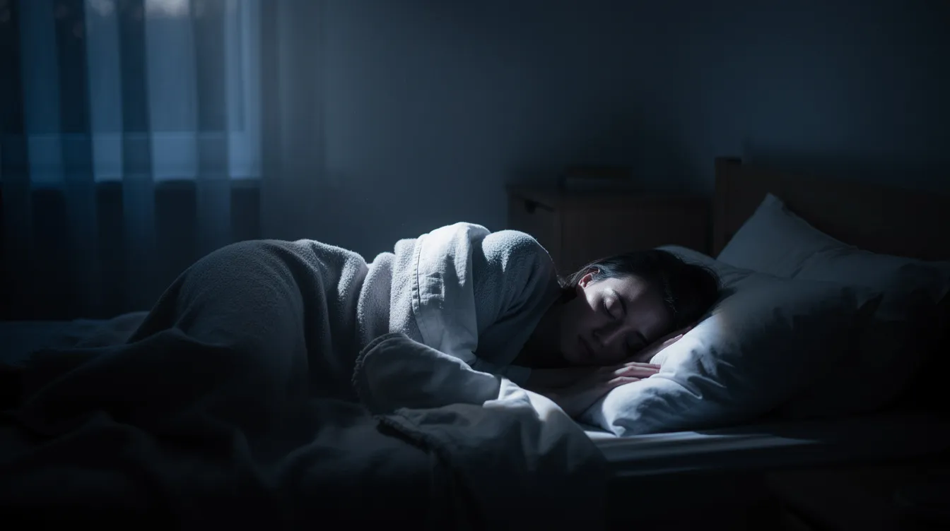 A person is sleeping peacefully in a dark room, illuminated softly by moonlight streaming through a window, which enhances the serene atmosphere conducive to improved sleep quality and recovery. This restful state is essential for muscle growth and overall well-being, as the body engages in muscle protein synthesis and tissue repair during sleep.