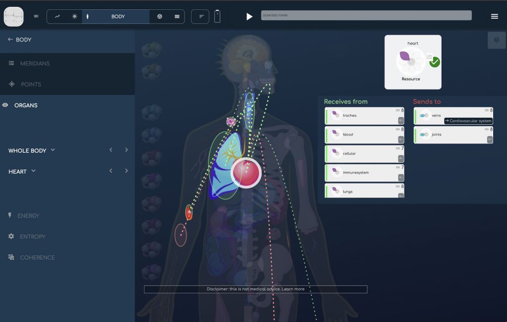 A digital diagram of the human lymphatic system, highlighted on a body with interactive nodes and controls.