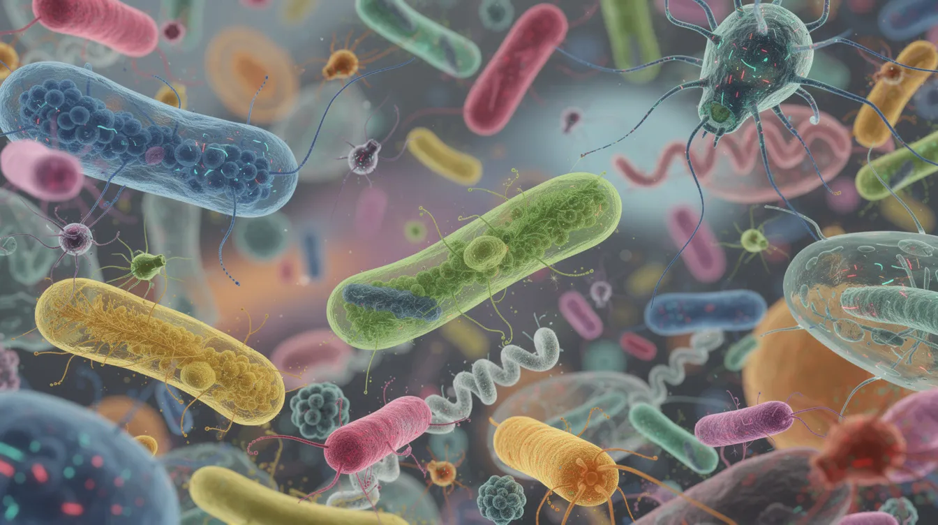 Colorful microscopic bacteria and viruses floating in a dark fluid background
