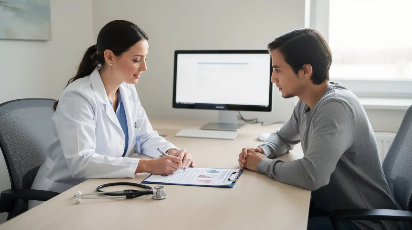 The image depicts a healthcare consultation where two individuals are engaged in reviewing documents together, likely discussing treatment options related to stem cell therapies or research. This interaction emphasizes the importance of collaboration in advancing knowledge about various stem cell types and their potential applications in regenerative medicine.