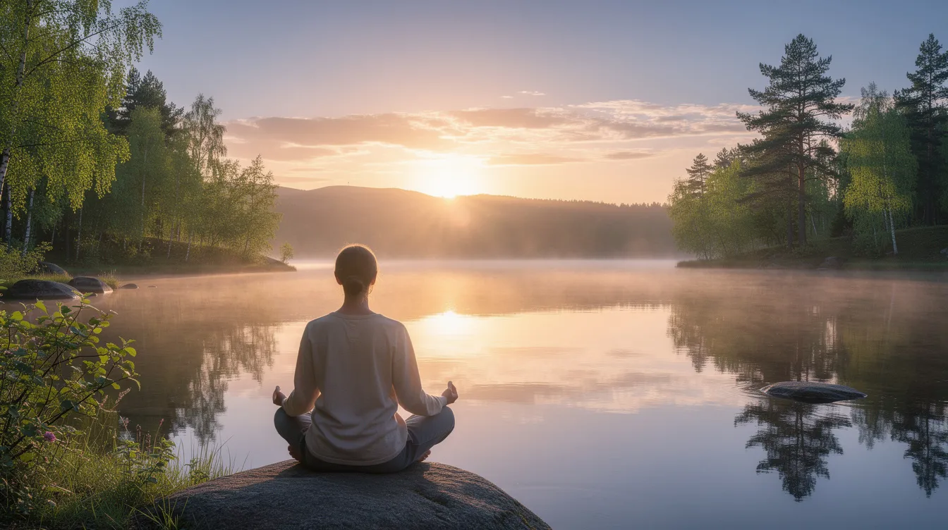 Person meditating on a rock by a calm lake at sunrise, with trees and mist reflecting in the water