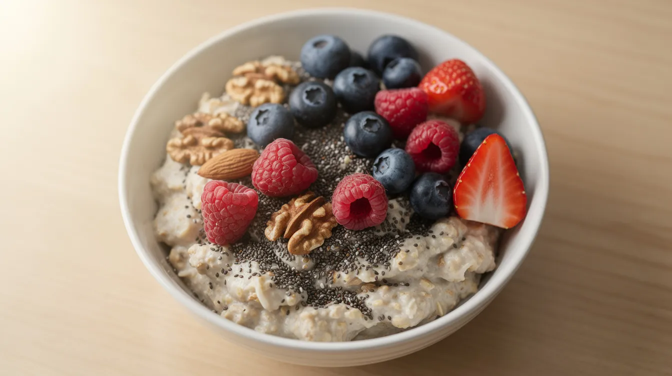 A vibrant bowl filled with oats, fresh berries, chia seeds, and a mix of nuts, showcasing a nutrient-rich meal that supports digestive health and promotes a healthy gut microbiome. This colorful dish is perfect for aiding digestion and enhancing overall gut health.