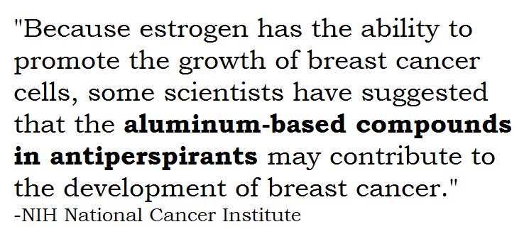 Quote about estrogen and aluminum compounds in antiperspirants, potentially contributing to breast cancer.