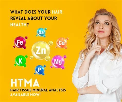Woman pondering, surrounded by mineral symbols, yellow background, advertising Hair Tissue Mineral Analysis.