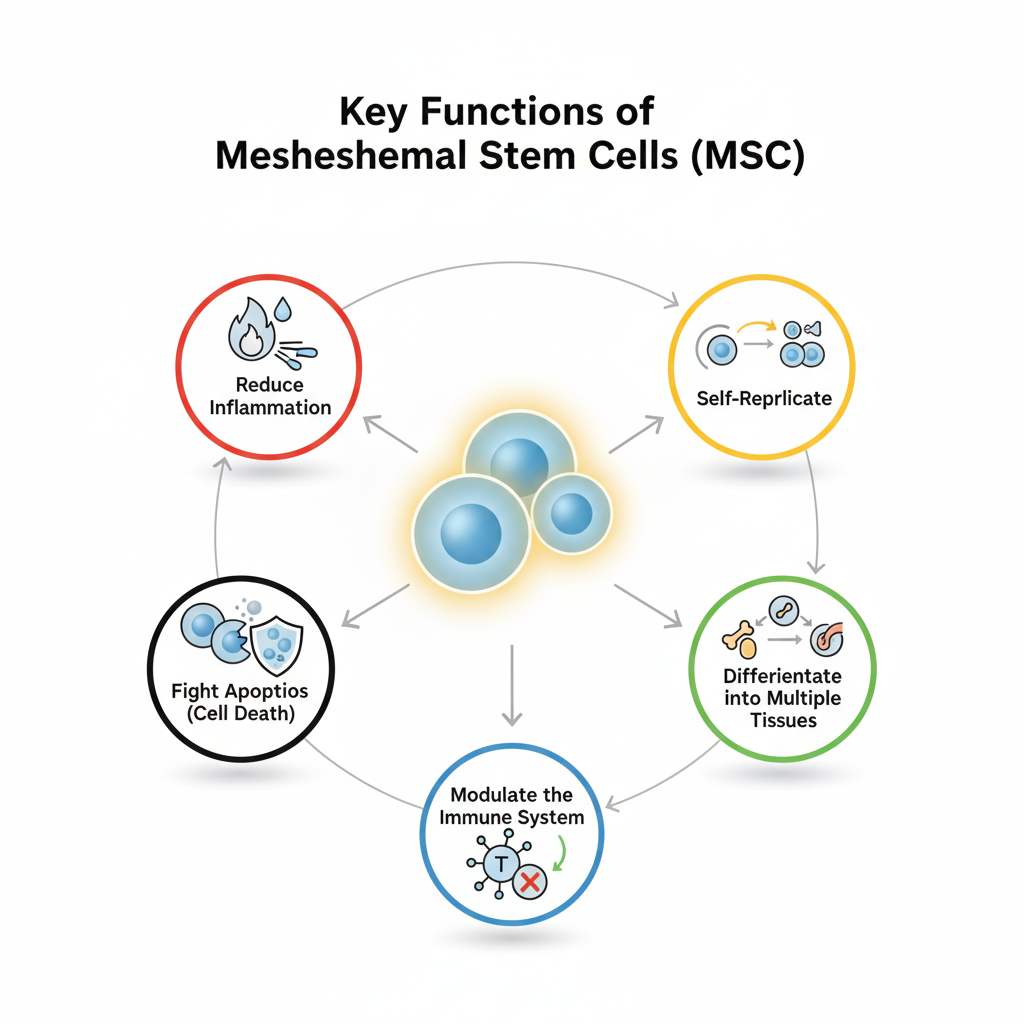 Diagram showing key functions of Meshemshemal Stem Cells (MSC), including reducing inflammation, self-replication, and modulating the immune system.