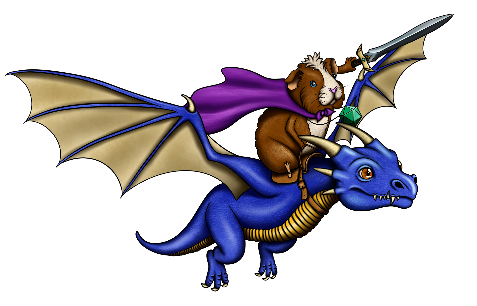 Logo which features Melvin the guinea pig holding a sword, wearing a purple cape, riding a blue and gold dragon.
