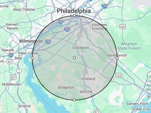 A map of philadelphia with a circle around it.