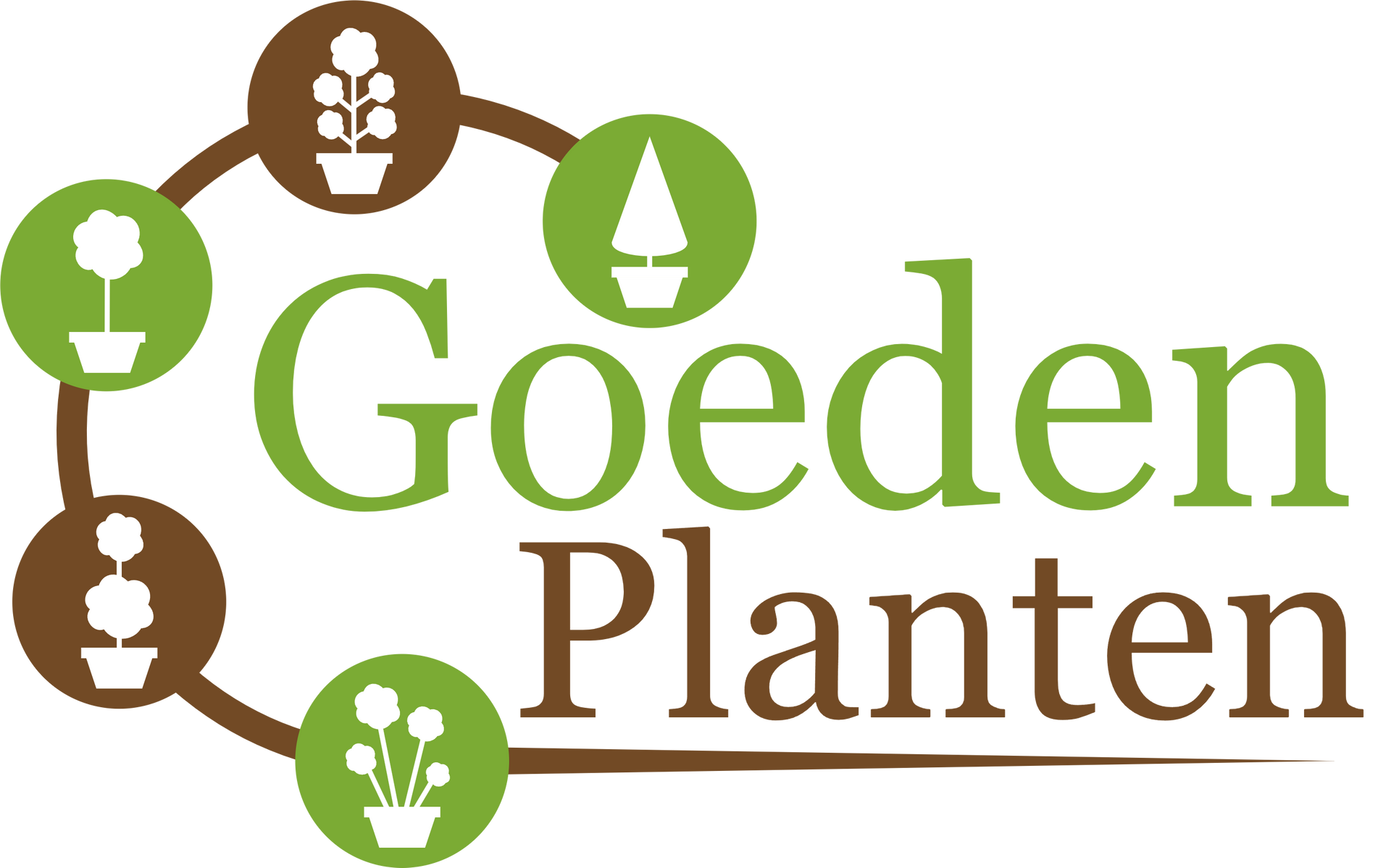 Logo van "Goeden Planten" met gestileerde planten in cirkels, bruin en groen.