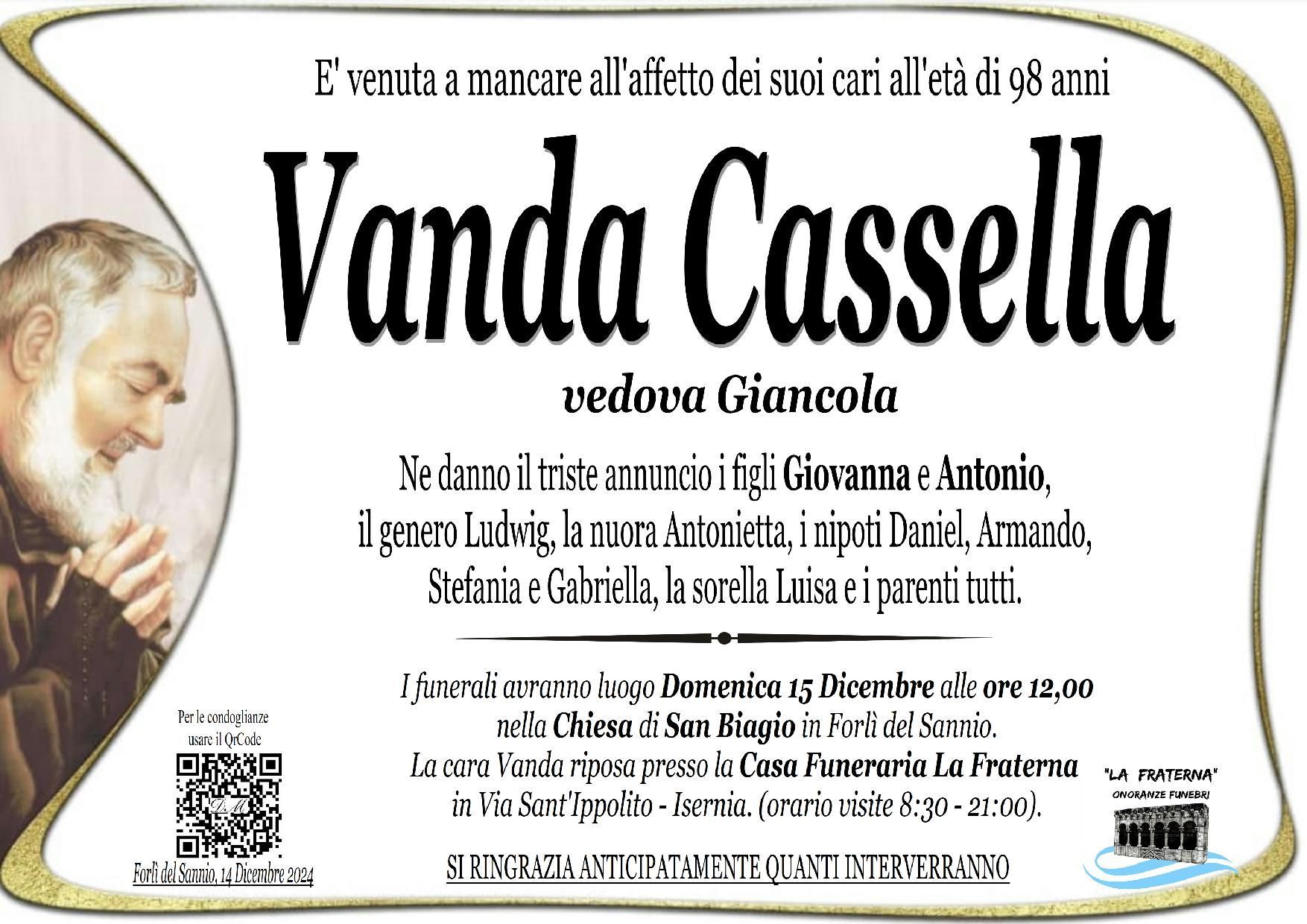 necrologio Vanda Cassella