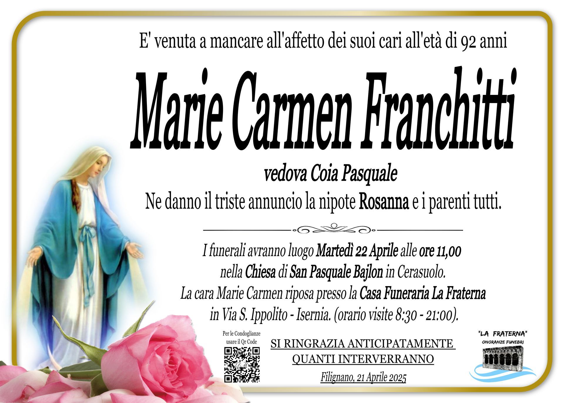 necrologio Marie Carmen Franchitti