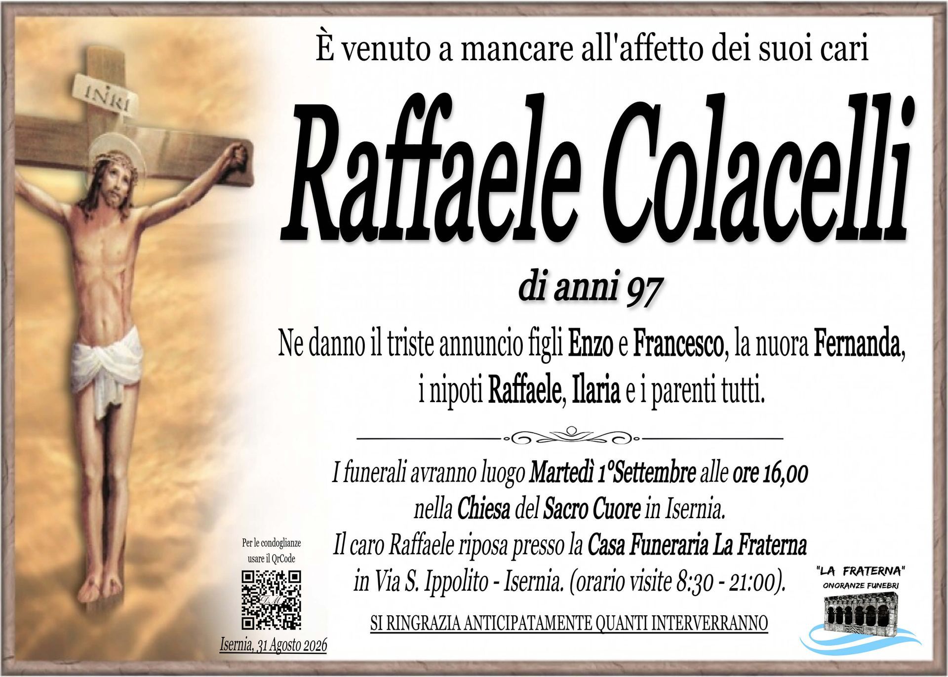necrologio Raffaele Colacelli