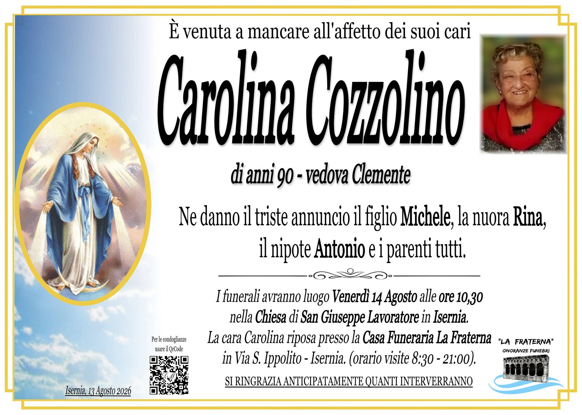 necrologio Carolina Cozzolino