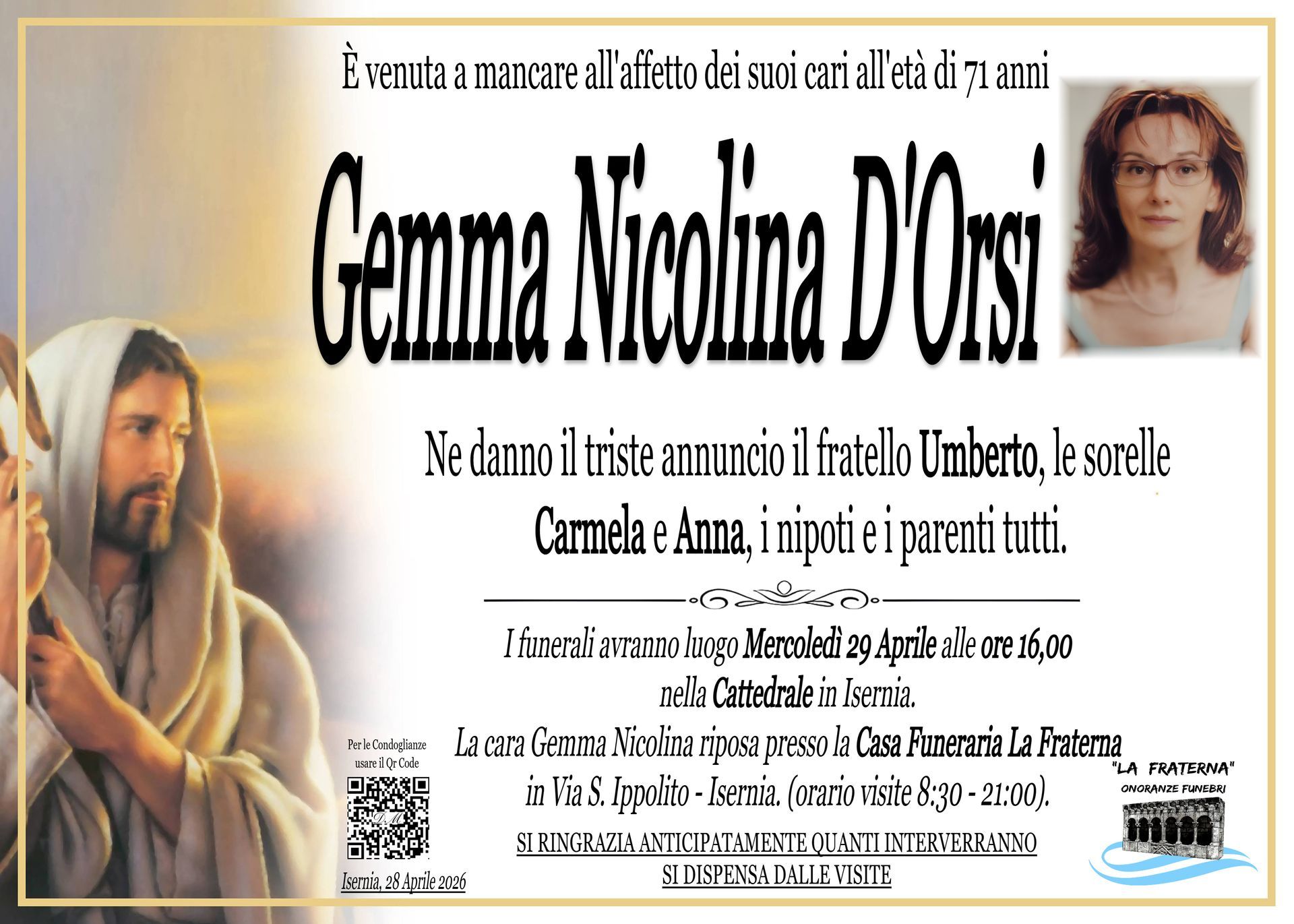 necrologio Gemma Nicolina D'Orsi