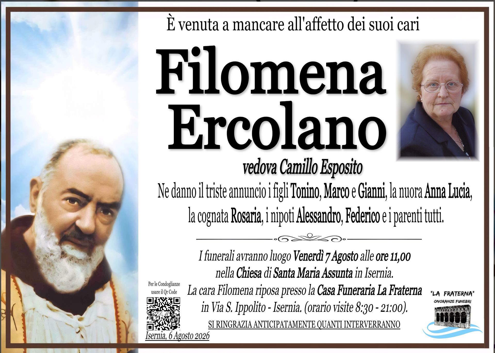 necrologio Filomena Ercolano