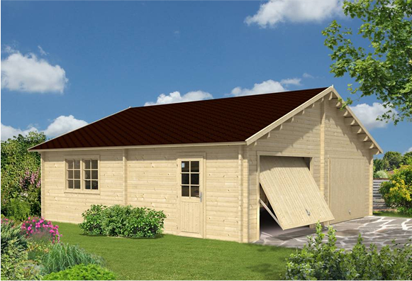 A wooden garage with a brown roof and a garage door open